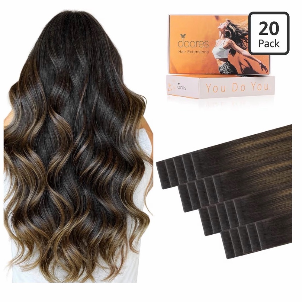 DOORES Invisible Genius Tape In Human Hair 20in Extensions, balayage dark brown